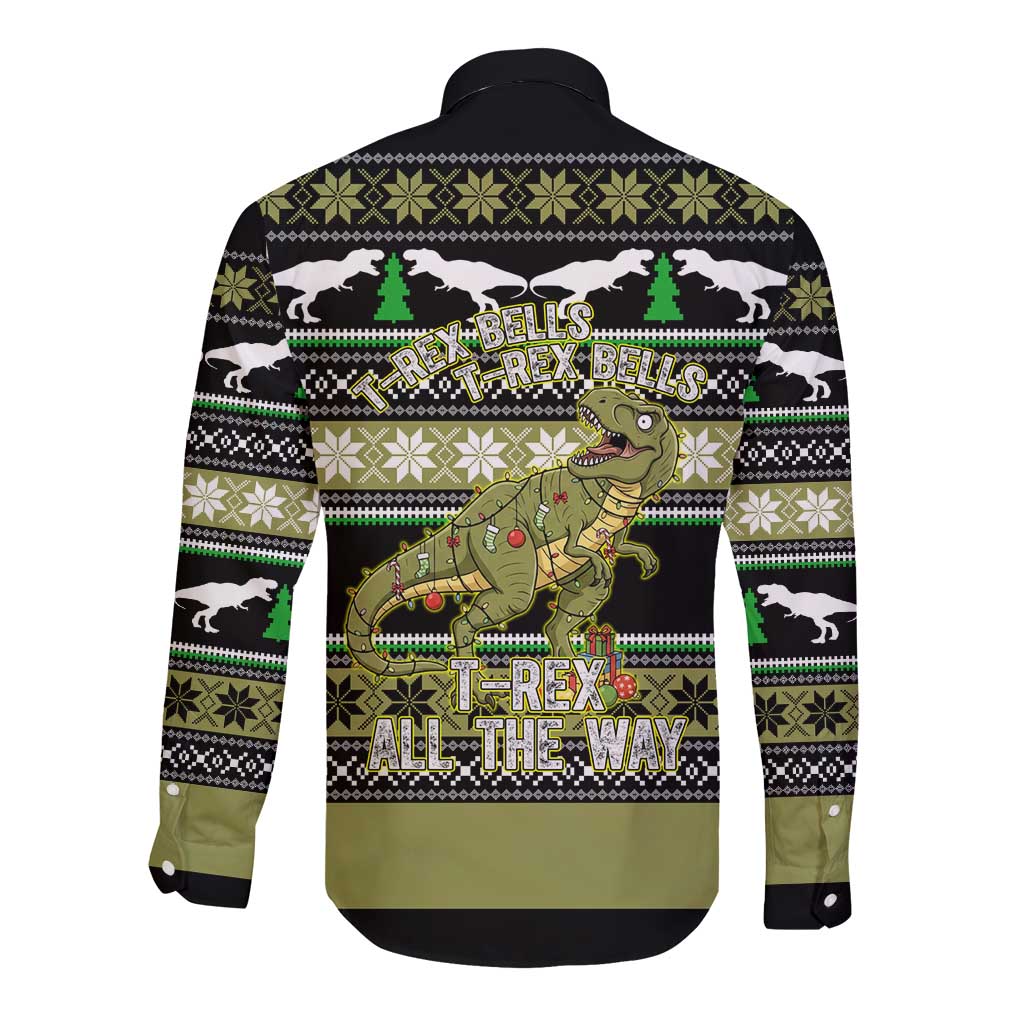 Christmas T Rex Tree Long Sleeve Button Shirt Xmas Holiday Patterns - Wonder Print Shop