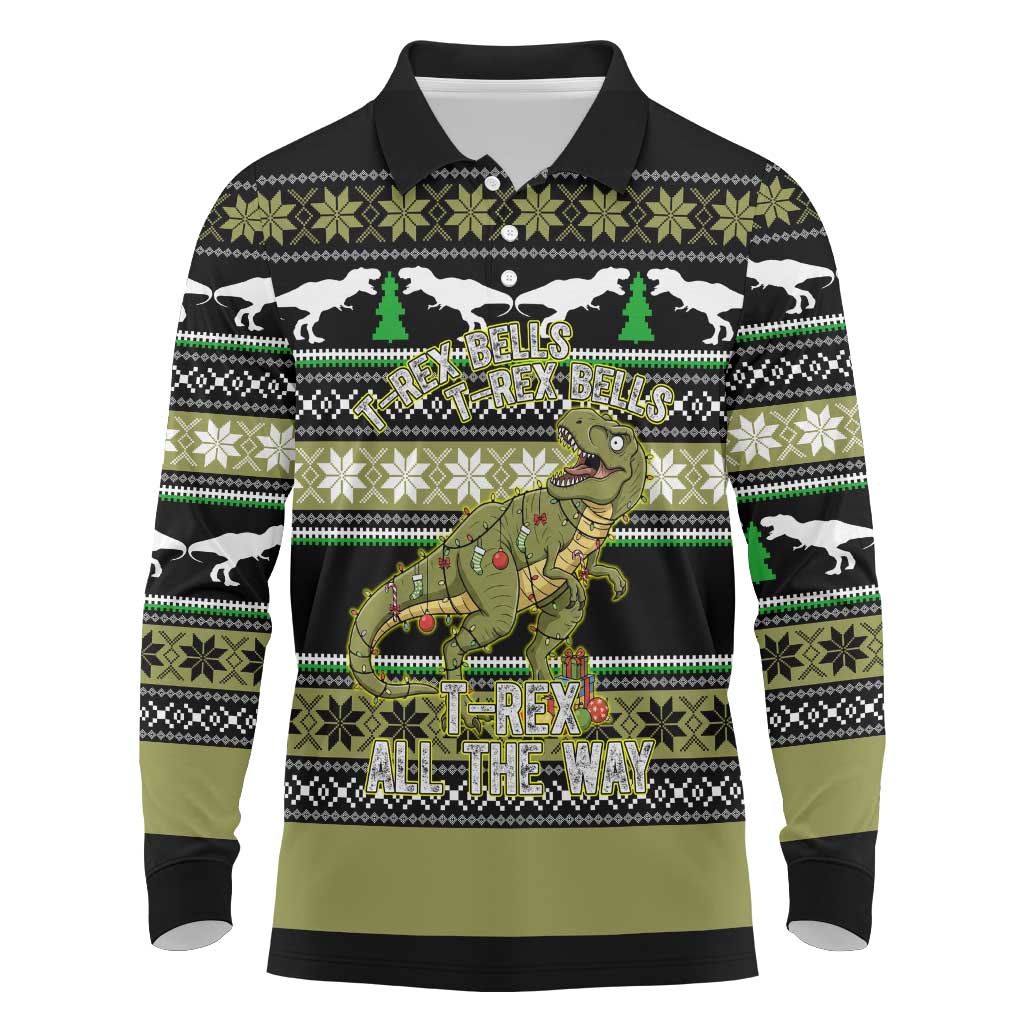 Christmas T Rex Tree Long Sleeve Polo Shirt Xmas Holiday Patterns - Wonder Print Shop