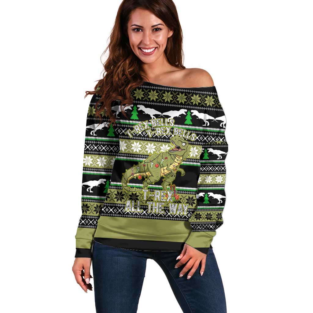 Christmas T Rex Tree Off Shoulder Sweater Xmas Holiday Patterns - Wonder Print Shop