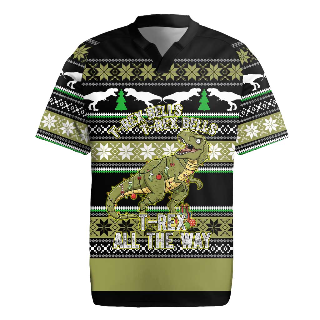 Christmas T Rex Tree Rugby Jersey Xmas Holiday Patterns - Wonder Print Shop