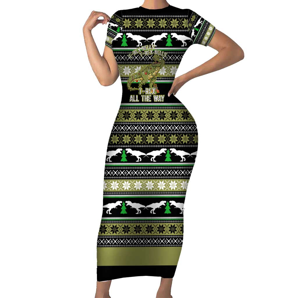 Christmas T Rex Tree Short Sleeve Bodycon Dress Xmas Holiday Patterns - Wonder Print Shop