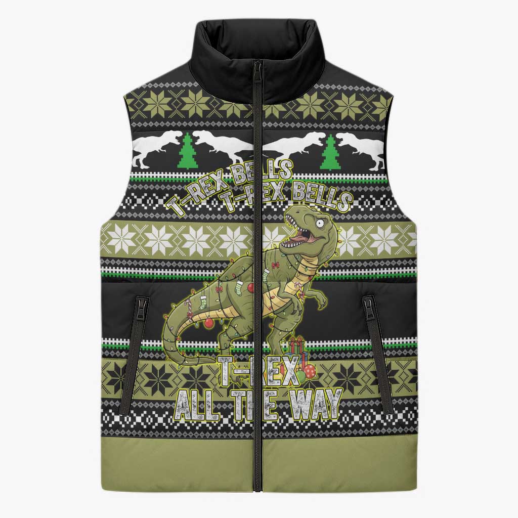 Christmas T Rex Tree Sleeveless Puffer Jacket Xmas Holiday Patterns - Wonder Print Shop