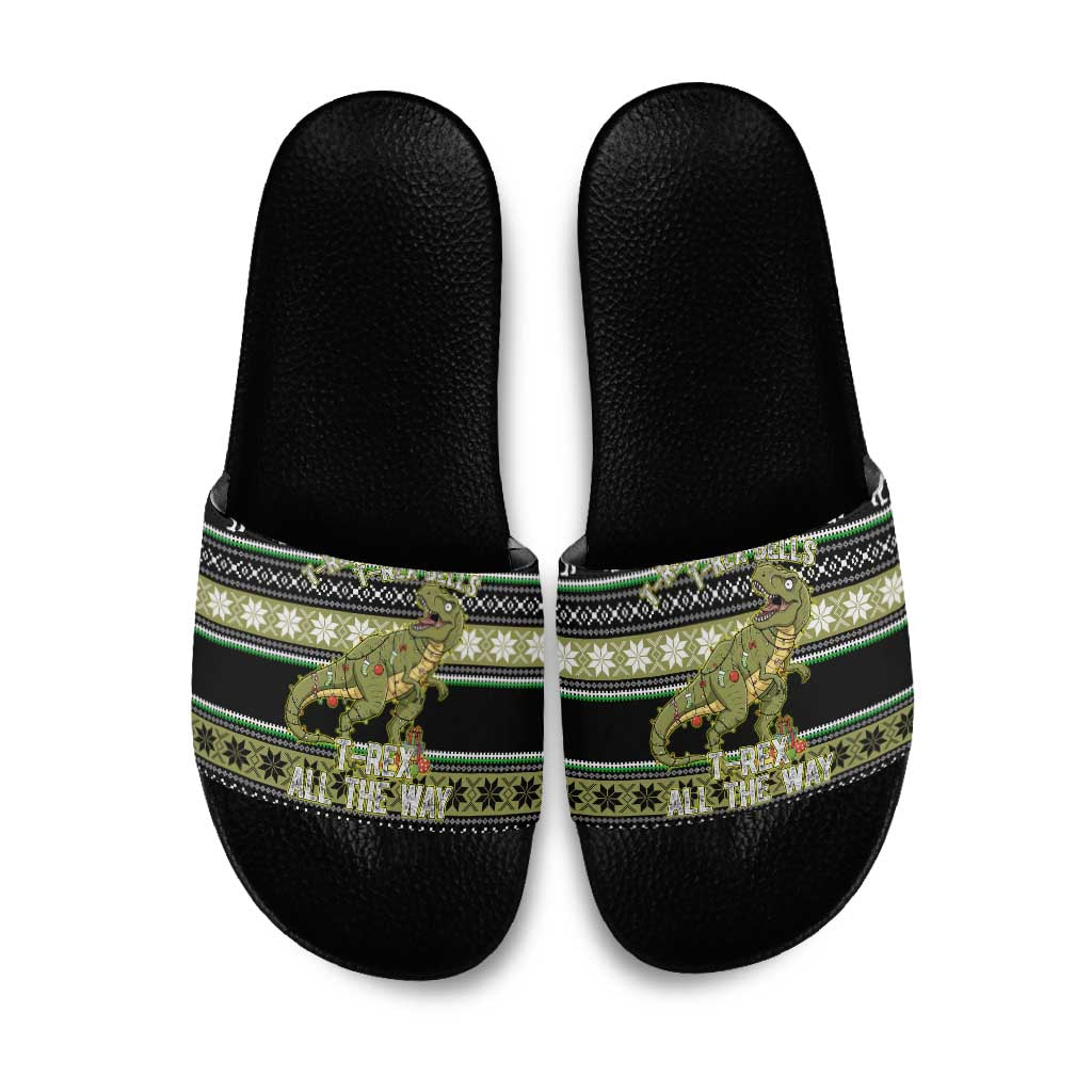 Christmas T Rex Tree Slide Sandals Xmas Holiday Patterns - Wonder Print Shop