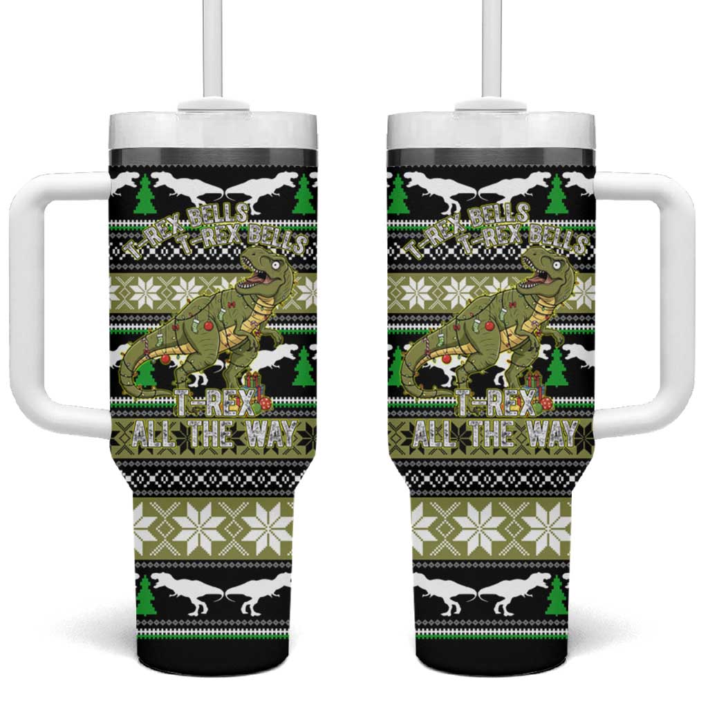 Christmas T Rex Tree Tumbler With Handle Xmas Holiday Patterns - Wonder Print Shop