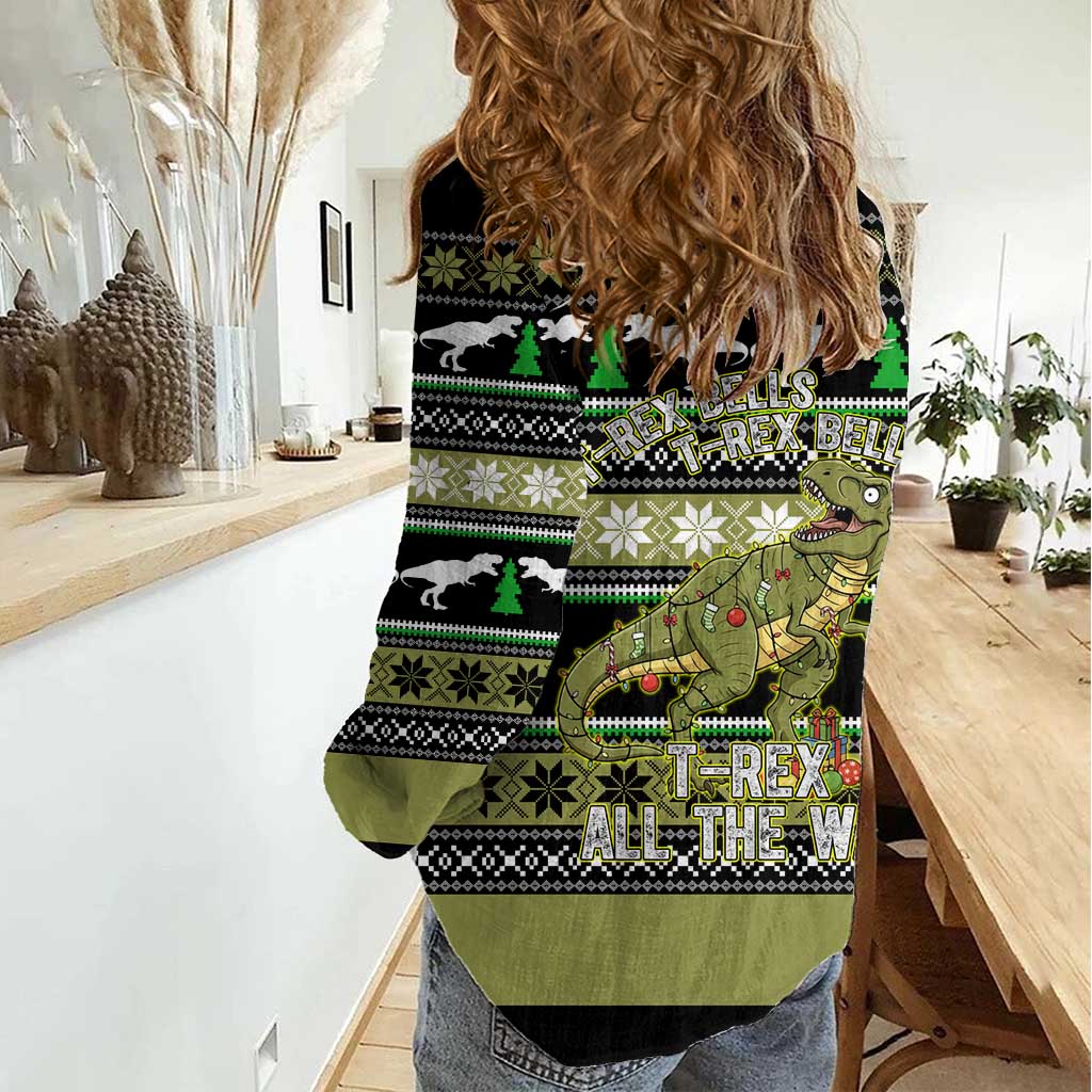 Christmas T Rex Tree Women Casual Shirt Xmas Holiday Patterns - Wonder Print Shop