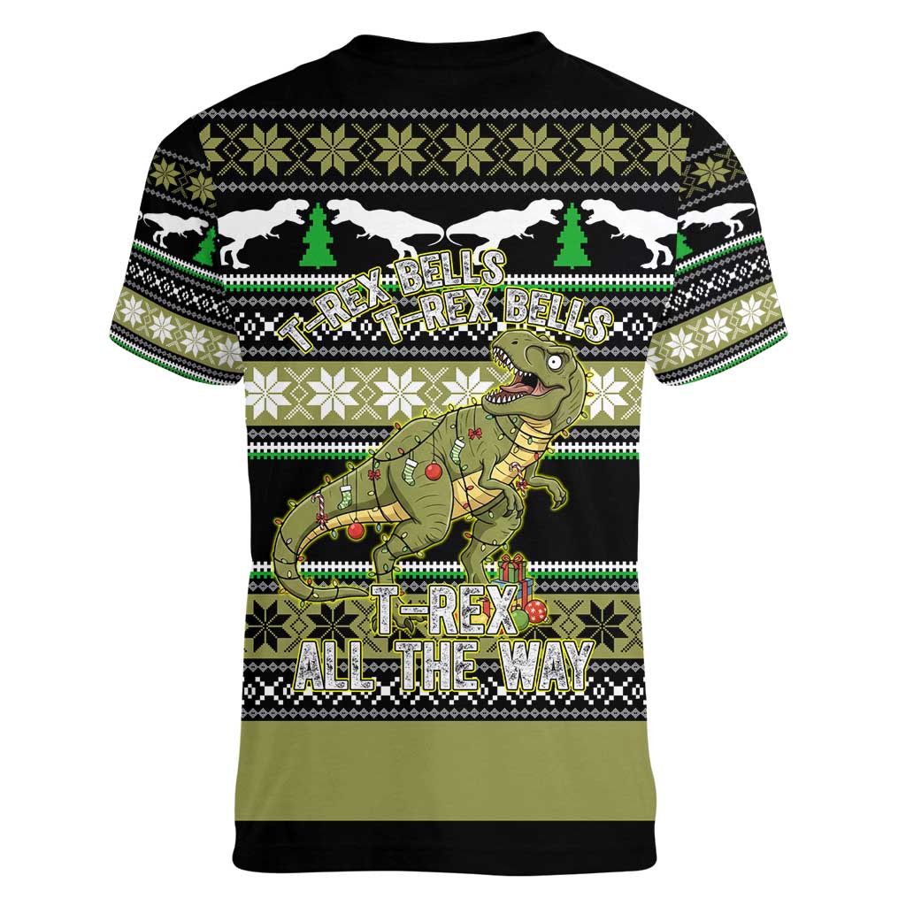 Christmas T Rex Tree Women V-Neck T-Shirt Xmas Holiday Patterns - Wonder Print Shop
