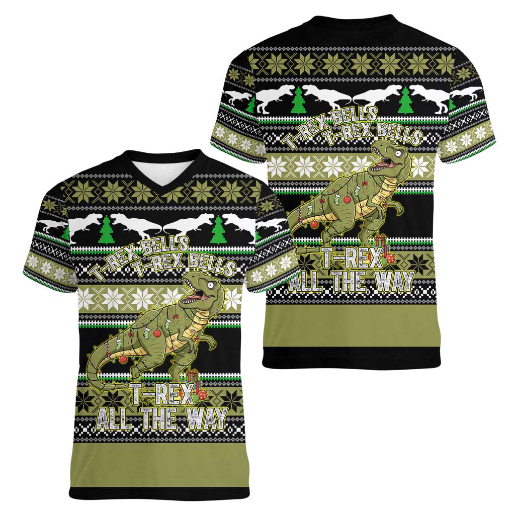 Christmas T Rex Tree Women V-Neck T-Shirt Xmas Holiday Patterns - Wonder Print Shop