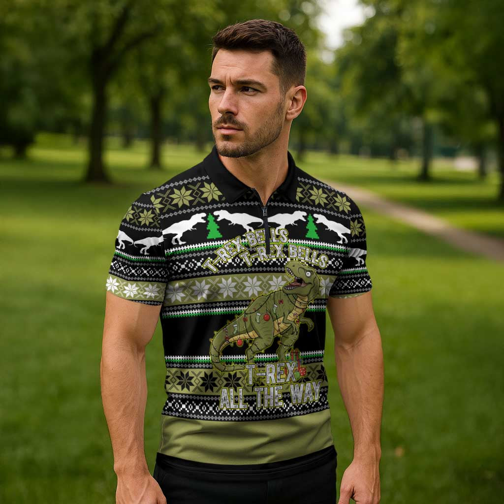 Christmas T Rex Tree Zipper Polo Shirt Xmas Holiday Patterns - Wonder Print Shop