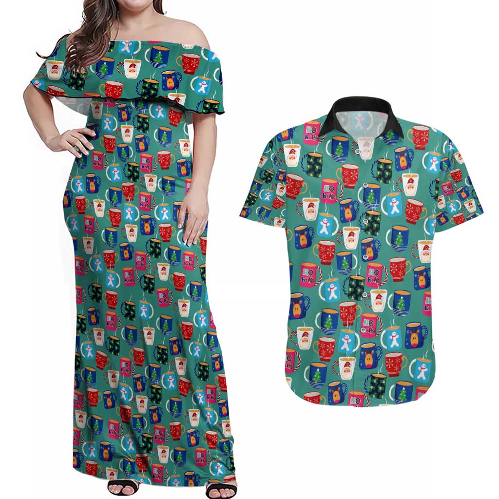 Christmas Teapot Group Couples Matching Off Shoulder Maxi Dress and Hawaiian Shirt Xmas Holiday Patterns - Wonder Print Shop