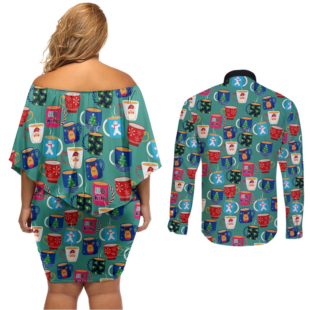 Christmas Teapot Group Couples Matching Off Shoulder Short Dress and Long Sleeve Button Shirt Xmas Holiday Patterns - Wonder Print Shop