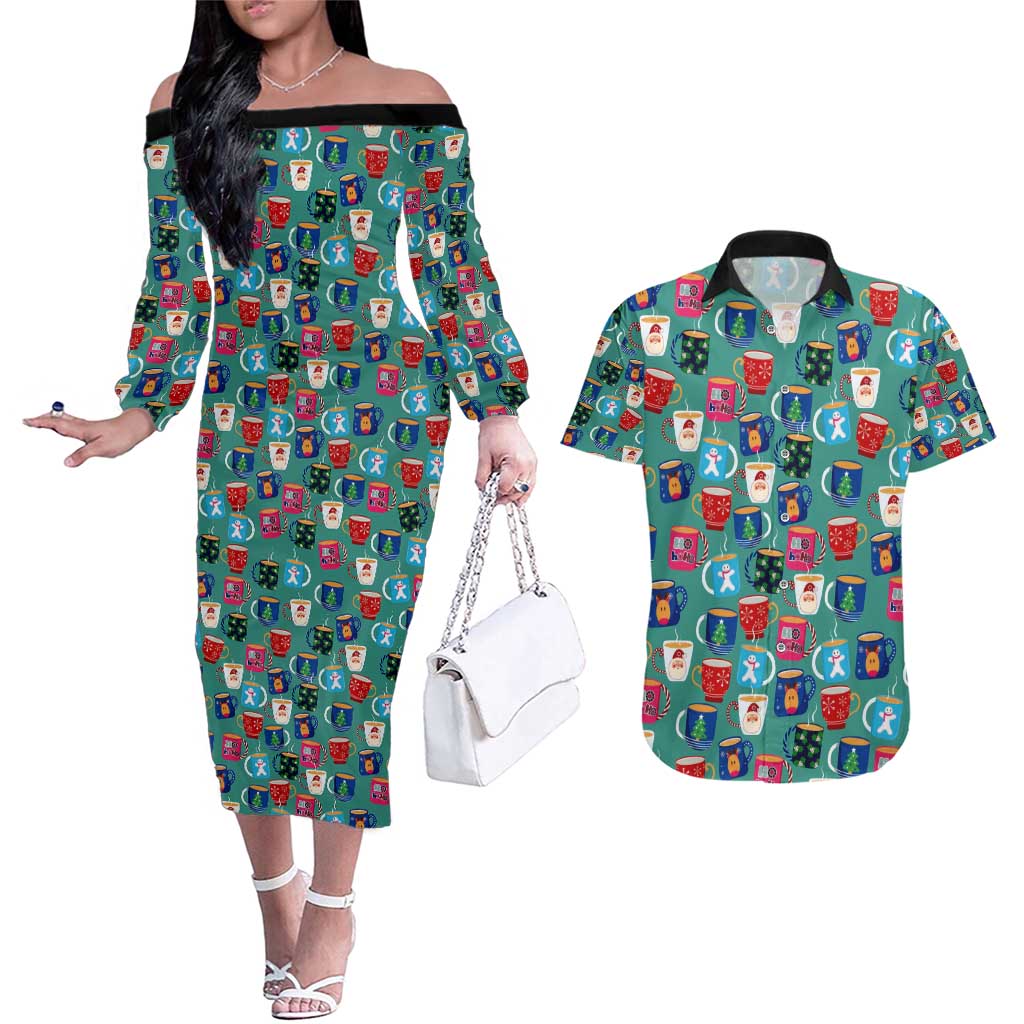 Christmas Teapot Group Couples Matching Off The Shoulder Long Sleeve Dress and Hawaiian Shirt Xmas Holiday Patterns - Wonder Print Shop