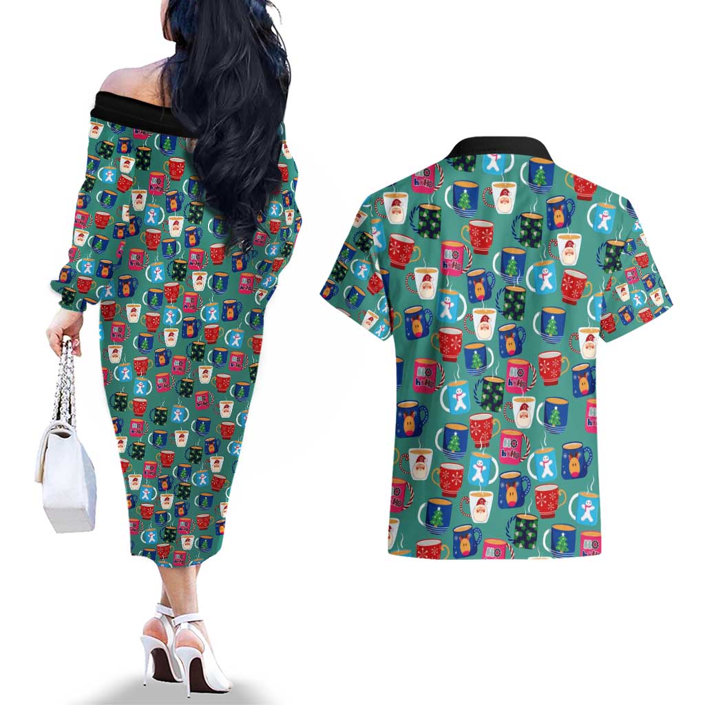 Christmas Teapot Group Couples Matching Off The Shoulder Long Sleeve Dress and Hawaiian Shirt Xmas Holiday Patterns - Wonder Print Shop