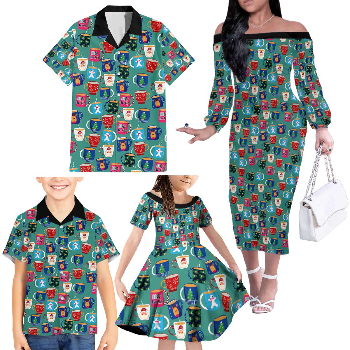 Christmas Teapot Group Family Matching Off The Shoulder Long Sleeve Dress and Hawaiian Shirt Xmas Holiday Patterns - Wonder Print Shop