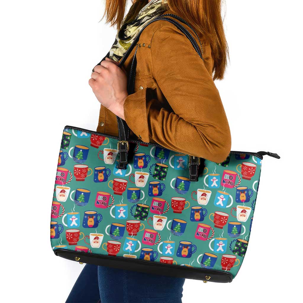 Christmas Teapot Group Leather Tote Bag Xmas Holiday Patterns - Wonder Print Shop
