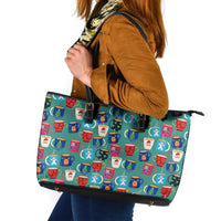 Christmas Teapot Group Leather Tote Bag Xmas Holiday Patterns - Wonder Print Shop