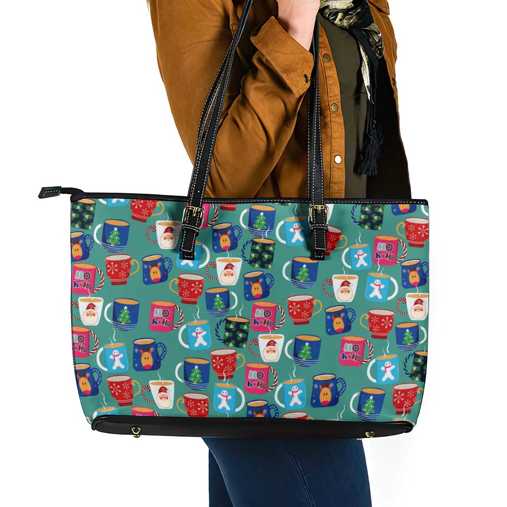 Christmas Teapot Group Leather Tote Bag Xmas Holiday Patterns - Wonder Print Shop