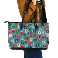 Christmas Teapot Group Leather Tote Bag Xmas Holiday Patterns - Wonder Print Shop