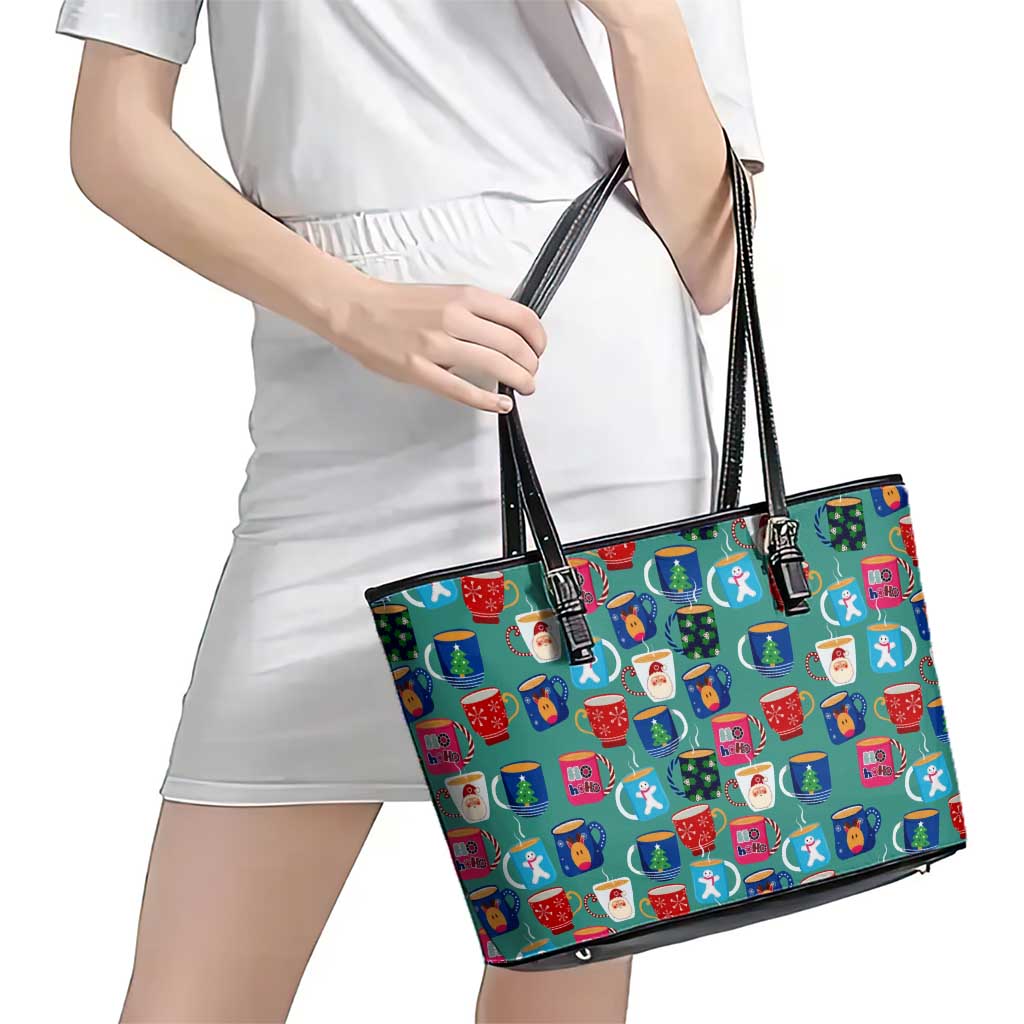 Christmas Teapot Group Leather Tote Bag Xmas Holiday Patterns - Wonder Print Shop