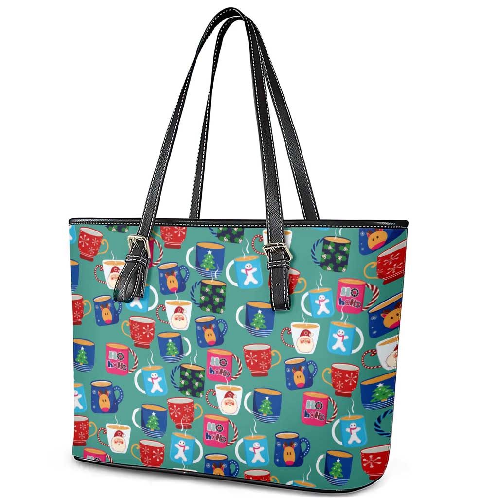 Christmas Teapot Group Leather Tote Bag Xmas Holiday Patterns - Wonder Print Shop