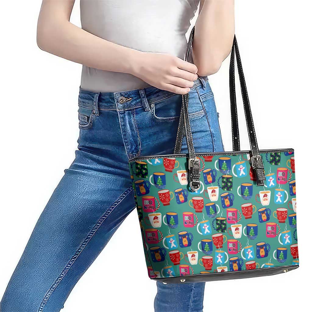 Christmas Teapot Group Leather Tote Bag Xmas Holiday Patterns - Wonder Print Shop