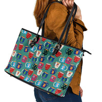 Christmas Teapot Group Leather Tote Bag Xmas Holiday Patterns - Wonder Print Shop