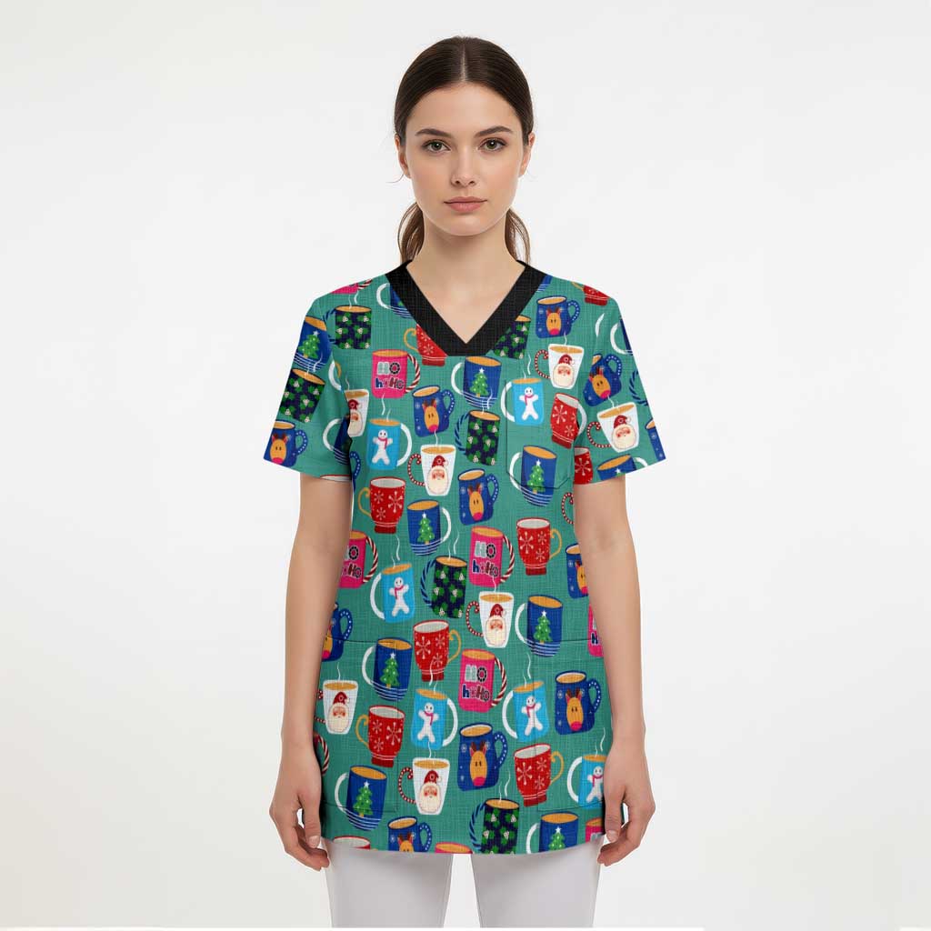 Christmas Teapot Group Scrub Top Xmas Holiday Patterns - Wonder Print Shop