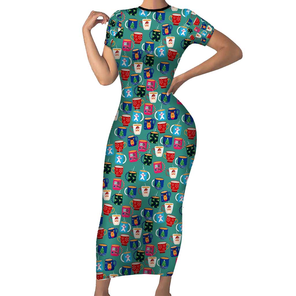 Christmas Teapot Group Short Sleeve Bodycon Dress Xmas Holiday Patterns - Wonder Print Shop