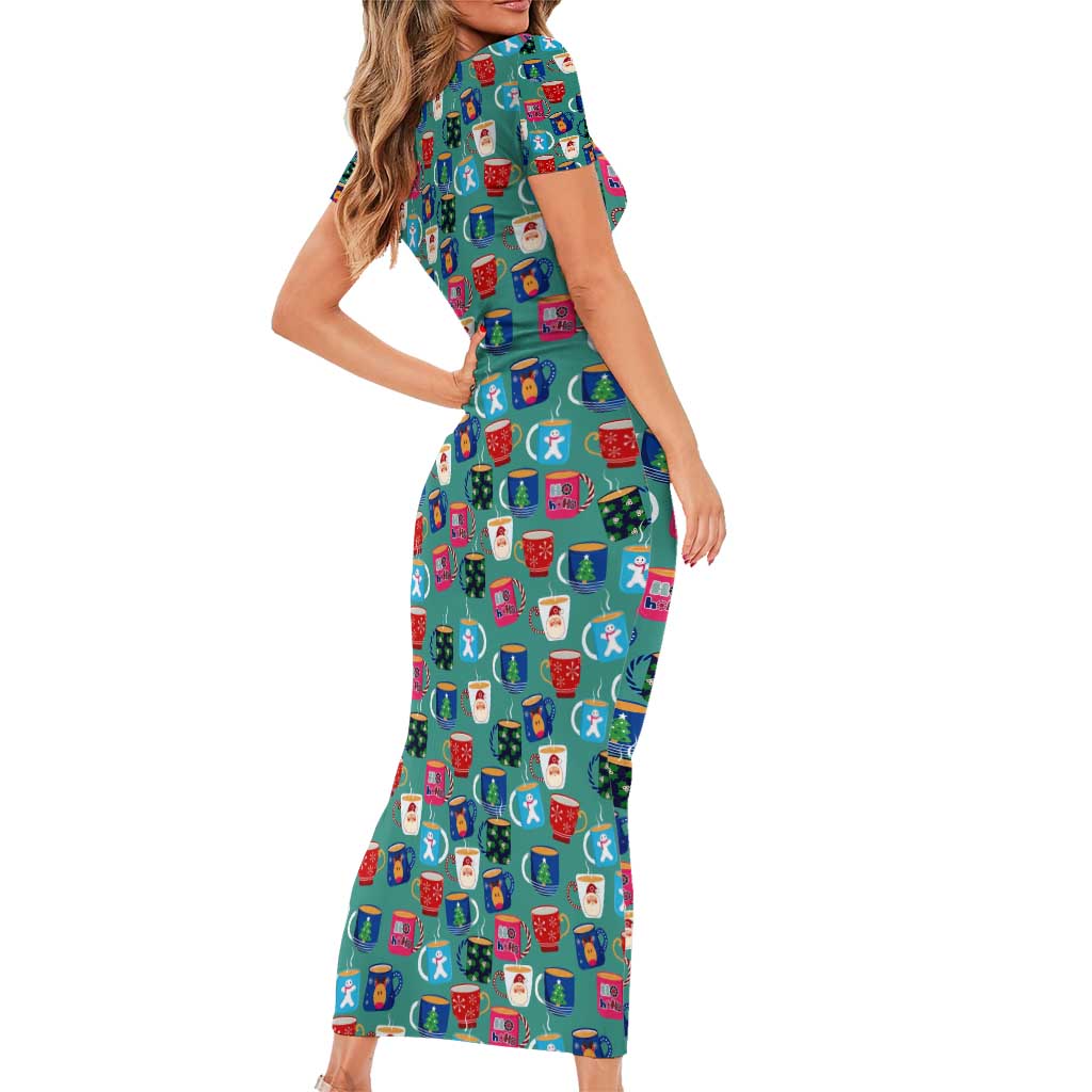 Christmas Teapot Group Short Sleeve Bodycon Dress Xmas Holiday Patterns - Wonder Print Shop