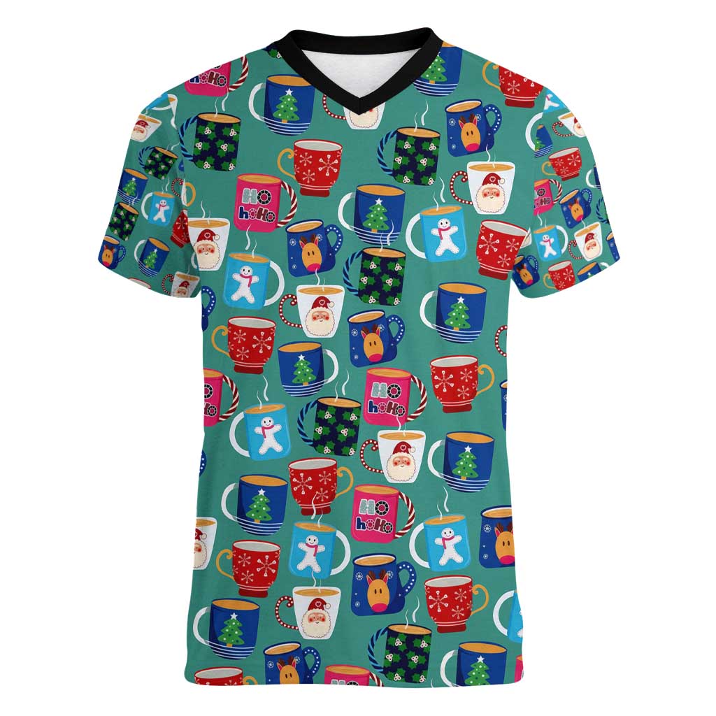 Christmas Teapot Group Women V-Neck T-Shirt Xmas Holiday Patterns - Wonder Print Shop