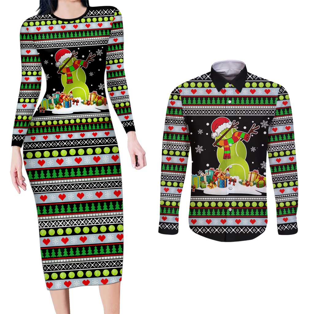 Christmas Tennis Snowman Couples Matching Long Sleeve Bodycon Dress and Long Sleeve Button Shirt Xmas Holiday Patterns - Wonder Print Shop