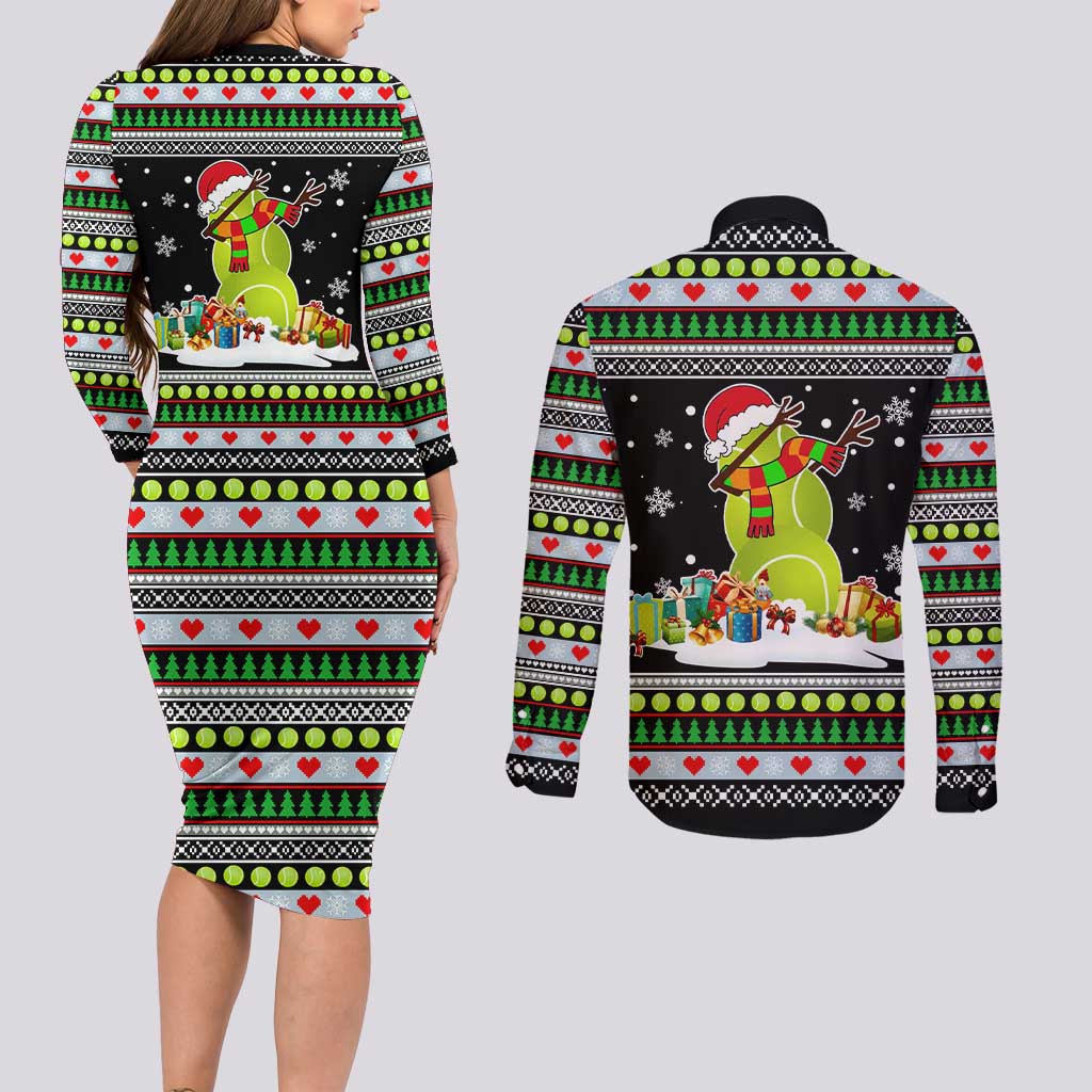 Christmas Tennis Snowman Couples Matching Long Sleeve Bodycon Dress and Long Sleeve Button Shirt Xmas Holiday Patterns - Wonder Print Shop