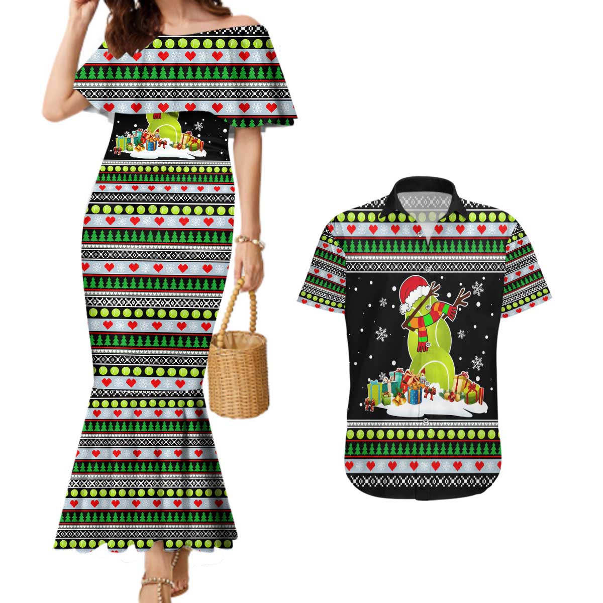 Christmas Tennis Snowman Couples Matching Mermaid Dress and Hawaiian Shirt Xmas Holiday Patterns - Wonder Print Shop