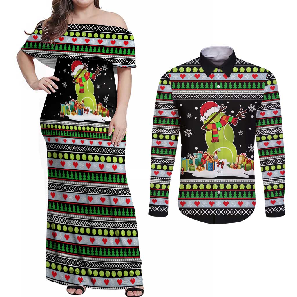 Christmas Tennis Snowman Couples Matching Off Shoulder Maxi Dress and Long Sleeve Button Shirt Xmas Holiday Patterns - Wonder Print Shop
