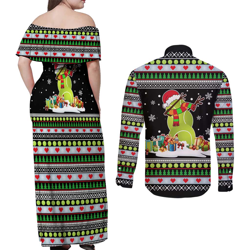Christmas Tennis Snowman Couples Matching Off Shoulder Maxi Dress and Long Sleeve Button Shirt Xmas Holiday Patterns - Wonder Print Shop