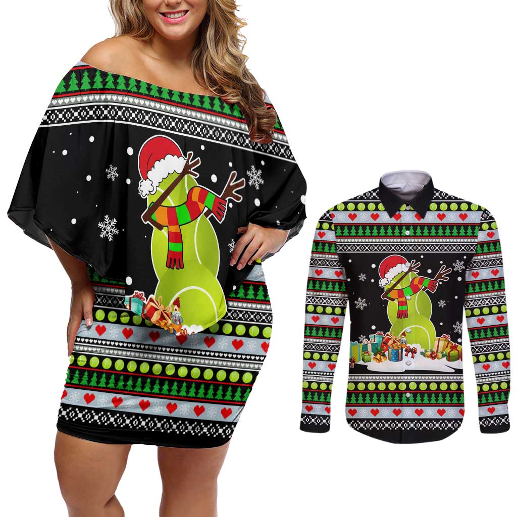 Christmas Tennis Snowman Couples Matching Off Shoulder Short Dress and Long Sleeve Button Shirt Xmas Holiday Patterns - Wonder Print Shop