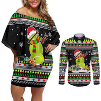Christmas Tennis Snowman Couples Matching Off Shoulder Short Dress and Long Sleeve Button Shirt Xmas Holiday Patterns - Wonder Print Shop