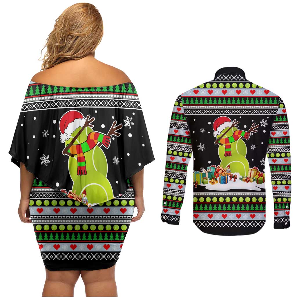 Christmas Tennis Snowman Couples Matching Off Shoulder Short Dress and Long Sleeve Button Shirt Xmas Holiday Patterns - Wonder Print Shop