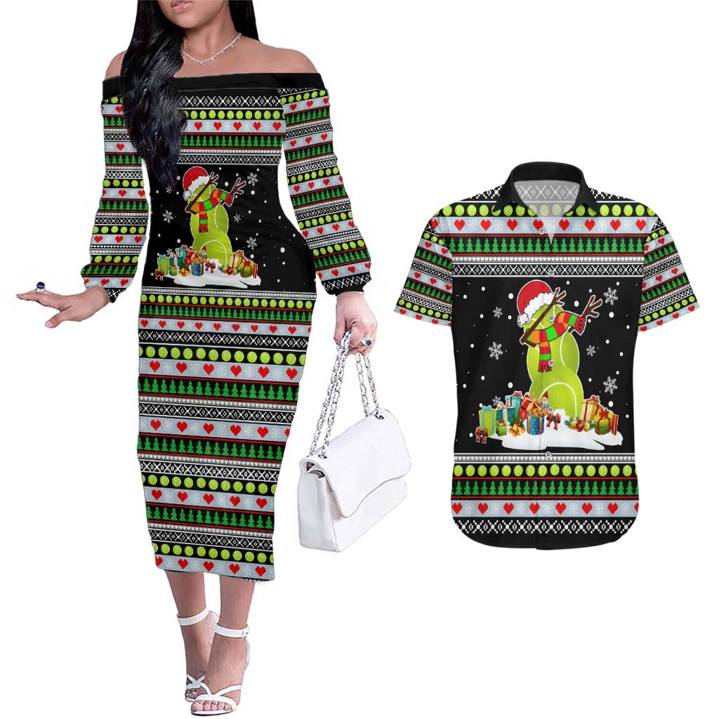 Christmas Tennis Snowman Couples Matching Off The Shoulder Long Sleeve Dress and Hawaiian Shirt Xmas Holiday Patterns - Wonder Print Shop