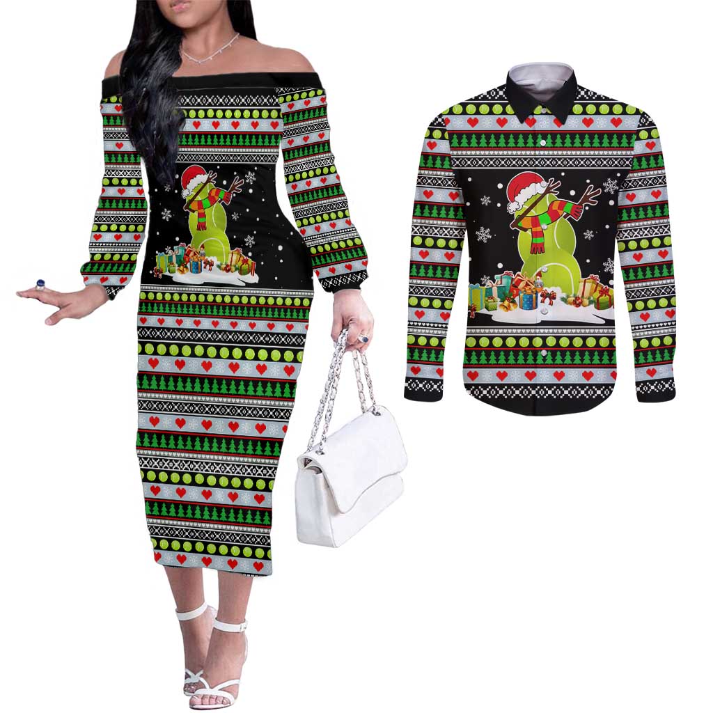 Christmas Tennis Snowman Couples Matching Off The Shoulder Long Sleeve Dress and Long Sleeve Button Shirt Xmas Holiday Patterns - Wonder Print Shop