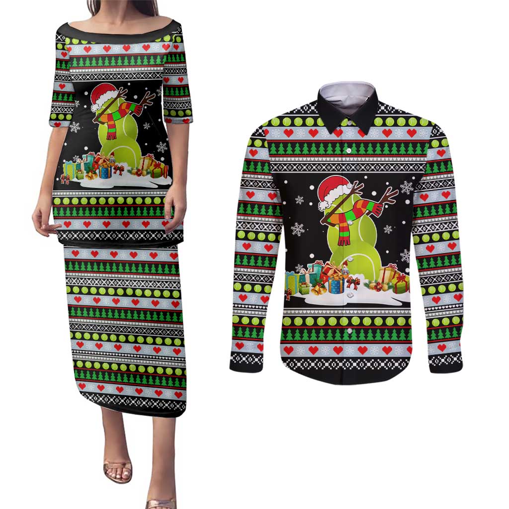 Christmas Tennis Snowman Couples Matching Puletasi and Long Sleeve Button Shirt Xmas Holiday Patterns - Wonder Print Shop
