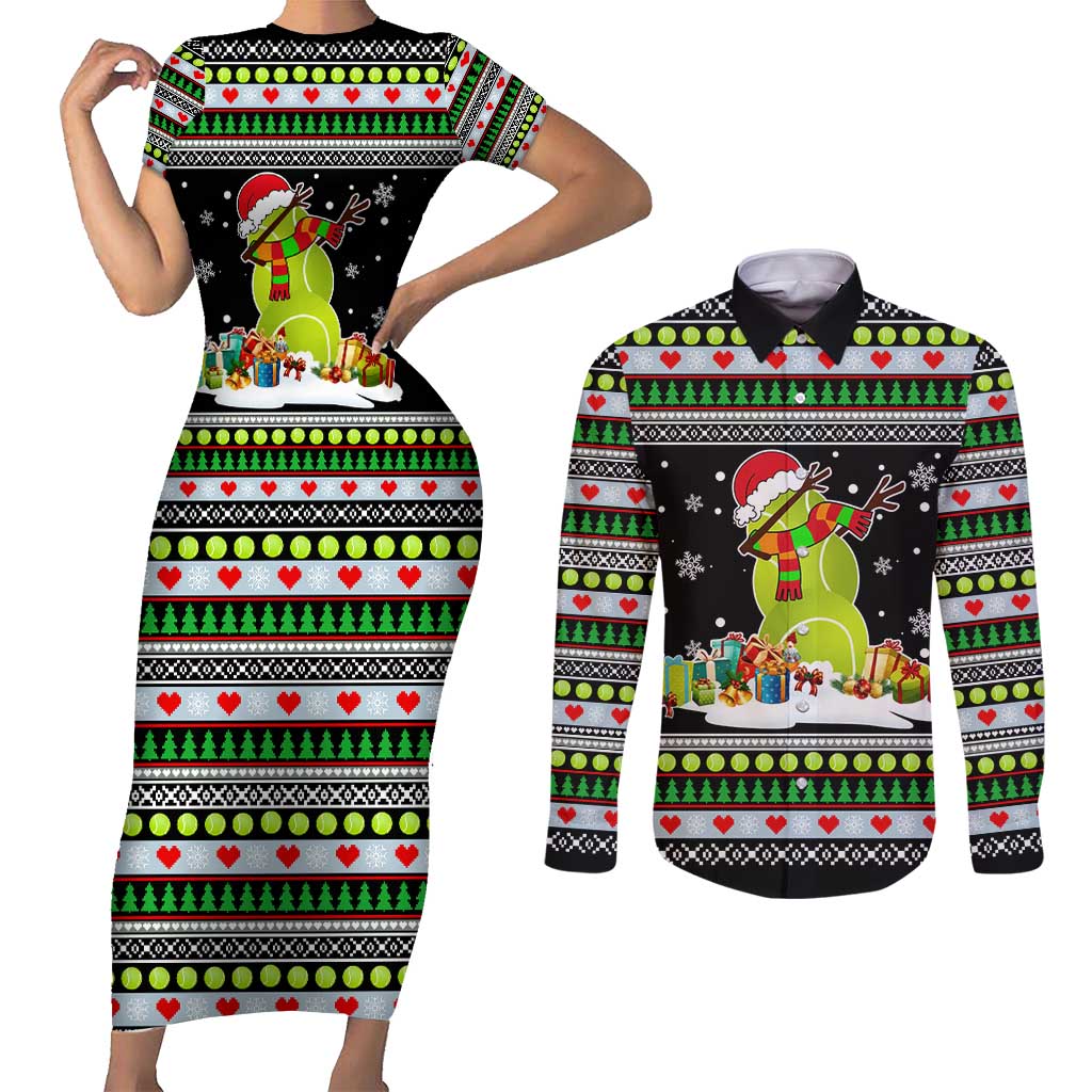 Christmas Tennis Snowman Couples Matching Short Sleeve Bodycon Dress and Long Sleeve Button Shirt Xmas Holiday Patterns - Wonder Print Shop