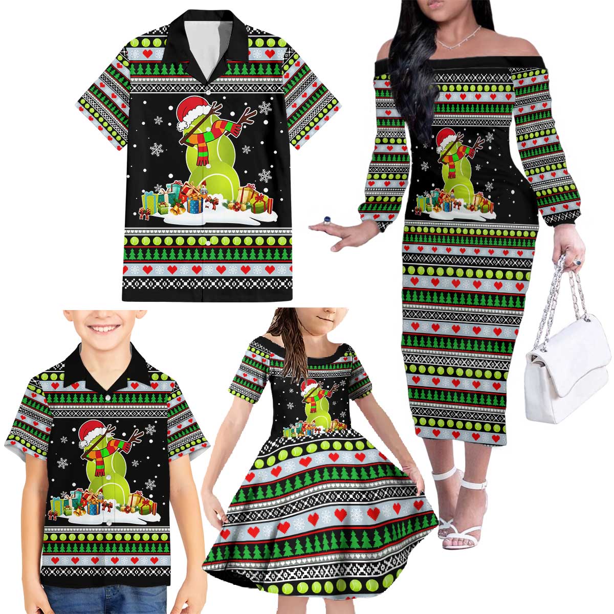 Christmas Tennis Snowman Family Matching Off The Shoulder Long Sleeve Dress and Hawaiian Shirt Xmas Holiday Patterns - Wonder Print Shop