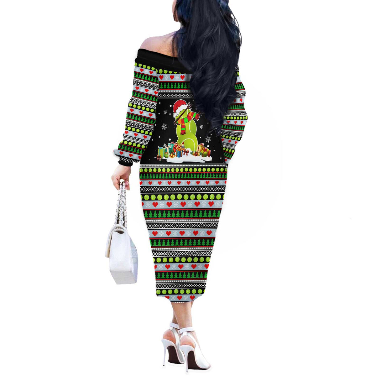 Christmas Tennis Snowman Off The Shoulder Long Sleeve Dress Xmas Holiday Patterns - Wonder Print Shop