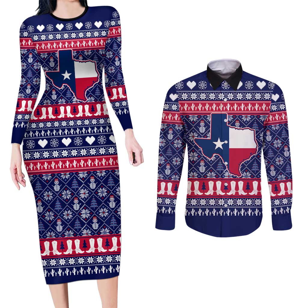 Christmas Texas Map Symbols Couples Matching Long Sleeve Bodycon Dress and Long Sleeve Button Shirt Xmas Holiday Patterns - Wonder Print Shop