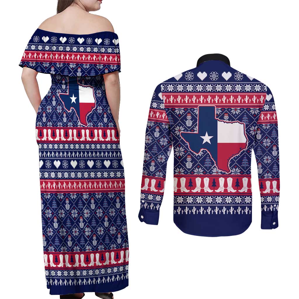 Christmas Texas Map Symbols Couples Matching Off Shoulder Maxi Dress and Long Sleeve Button Shirt Xmas Holiday Patterns - Wonder Print Shop