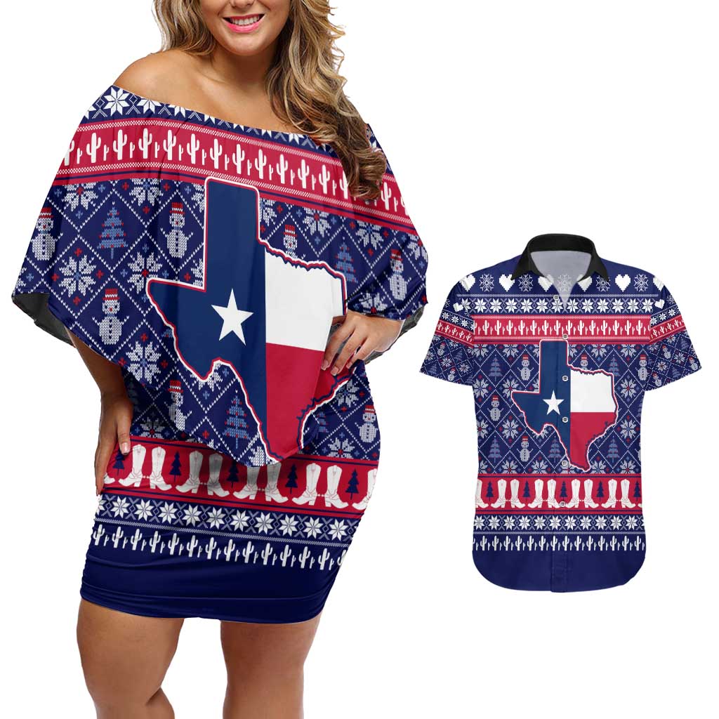 Christmas Texas Map Symbols Couples Matching Off Shoulder Short Dress and Hawaiian Shirt Xmas Holiday Patterns - Wonder Print Shop