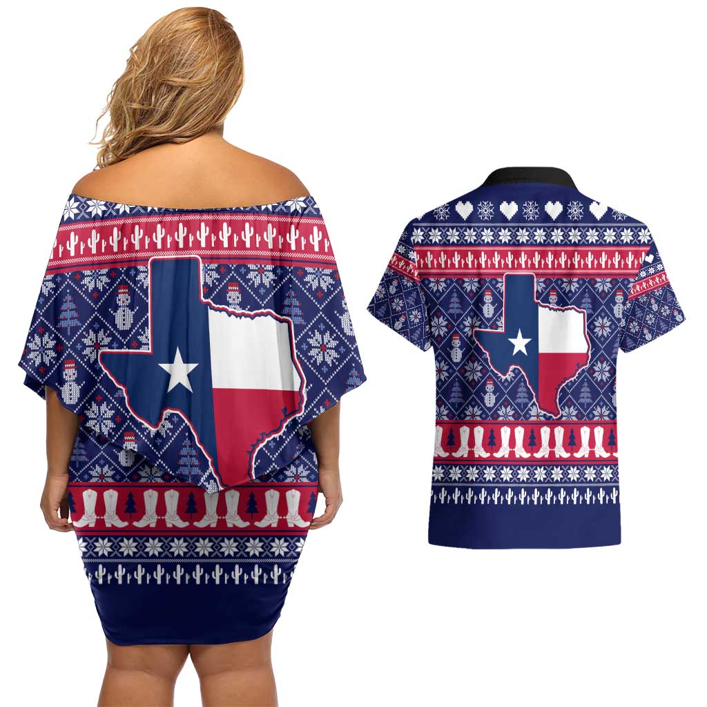 Christmas Texas Map Symbols Couples Matching Off Shoulder Short Dress and Hawaiian Shirt Xmas Holiday Patterns - Wonder Print Shop