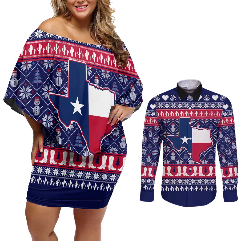 Christmas Texas Map Symbols Couples Matching Off Shoulder Short Dress and Long Sleeve Button Shirt Xmas Holiday Patterns - Wonder Print Shop