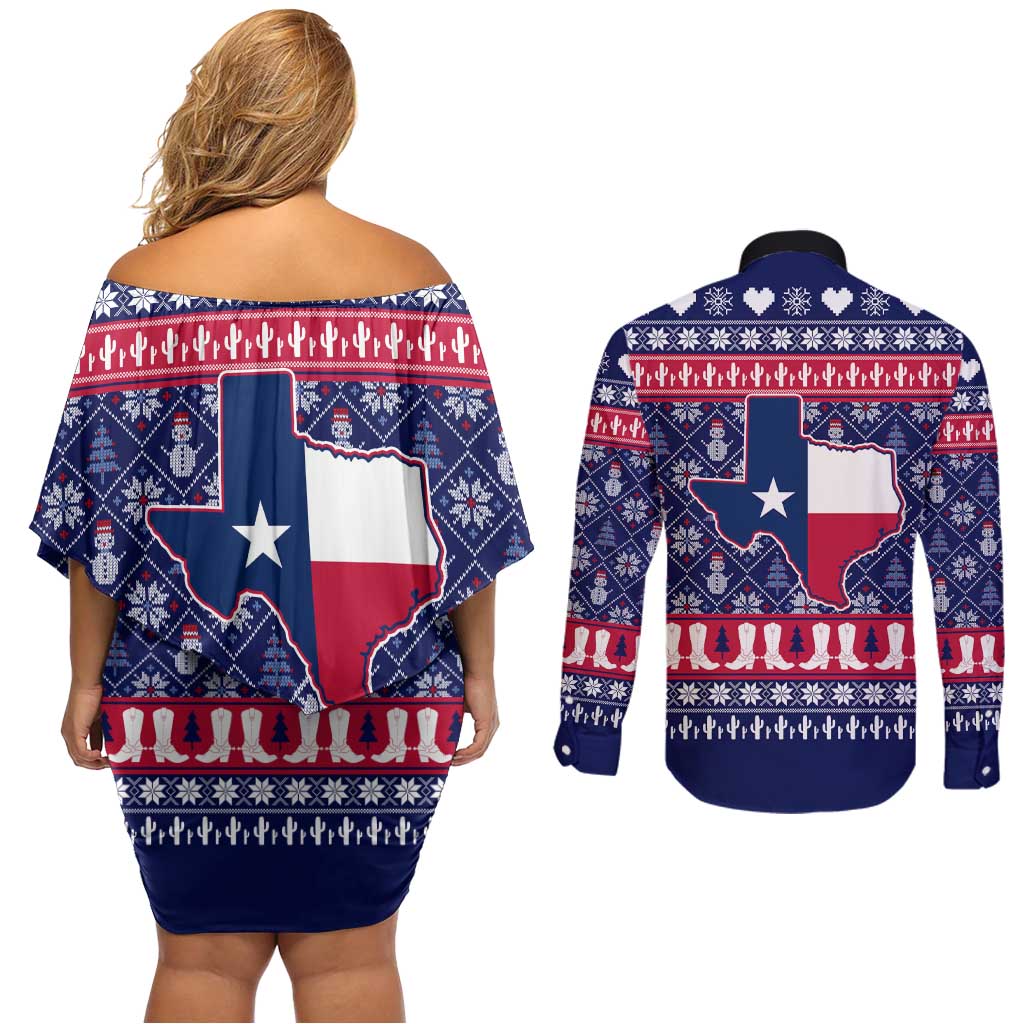 Christmas Texas Map Symbols Couples Matching Off Shoulder Short Dress and Long Sleeve Button Shirt Xmas Holiday Patterns - Wonder Print Shop