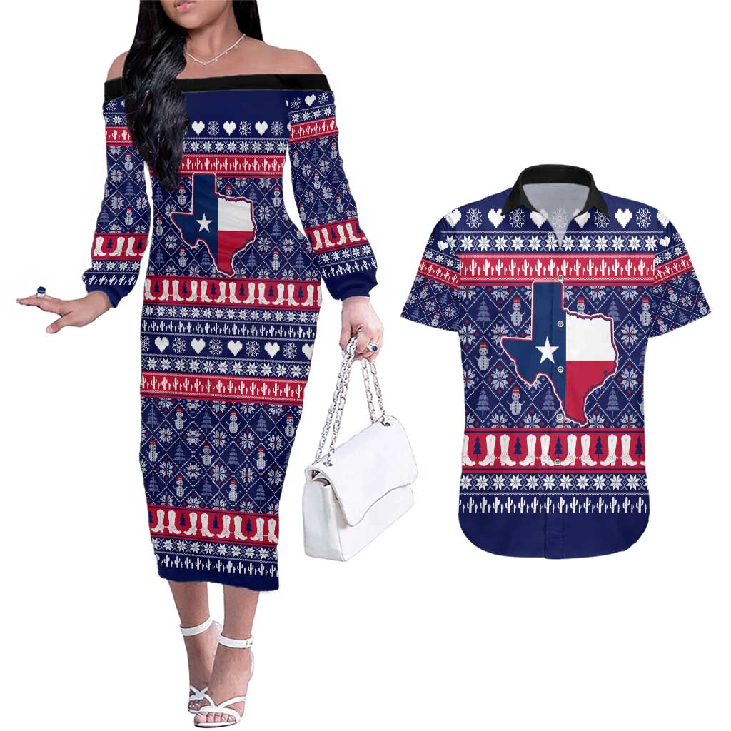 Christmas Texas Map Symbols Couples Matching Off The Shoulder Long Sleeve Dress and Hawaiian Shirt Xmas Holiday Patterns - Wonder Print Shop